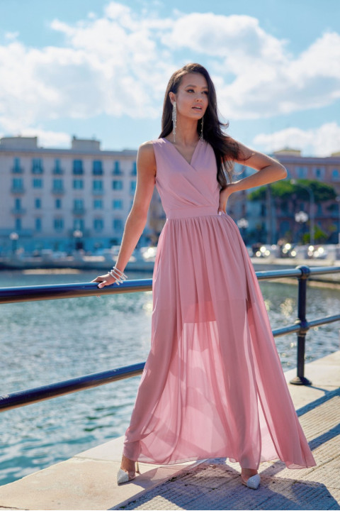 Mirabel - długa sukienka z kopertowym dekoltem i wiązaniem na plecach