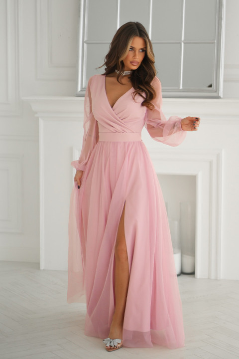 Sukienka maxi z tiulowymi rękawami