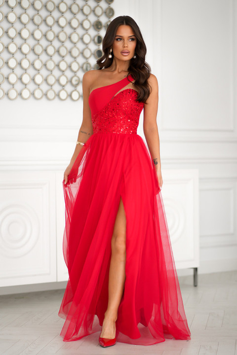 Sukienka wieczorowa maxi  z cekinami i rozcięciem