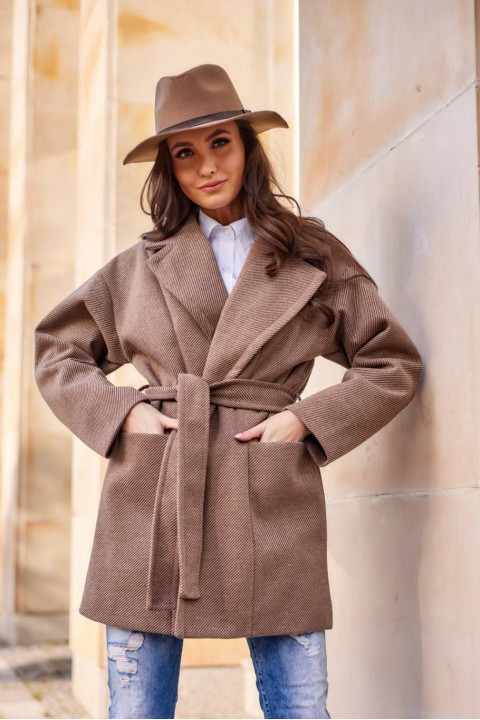 Krótki płaszcz damski z wiązaniem