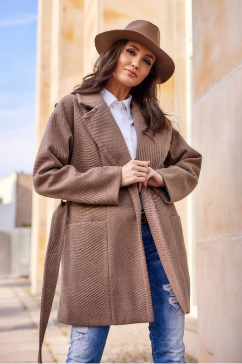 Krótki płaszcz damski z wiązaniem