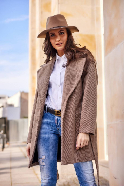 Krótki płaszcz damski z wiązaniem